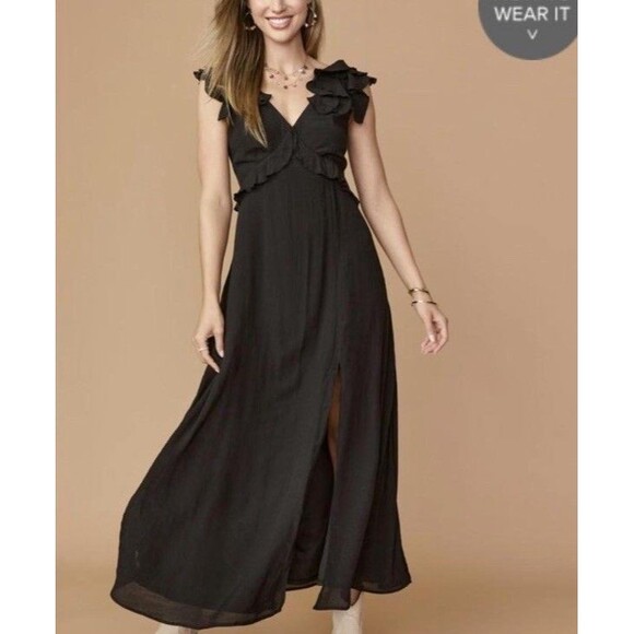 Francescas Blue Rain Maxi Dress Womens Small Black Ruffle Flowy Fairy Whimsigoth - Picture 1 of 10
